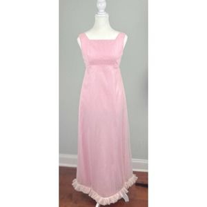 Vintage 60s Pink Swiss Dot Ruffle Fringe and Bow Empire Waist Maxi Gown Size 8